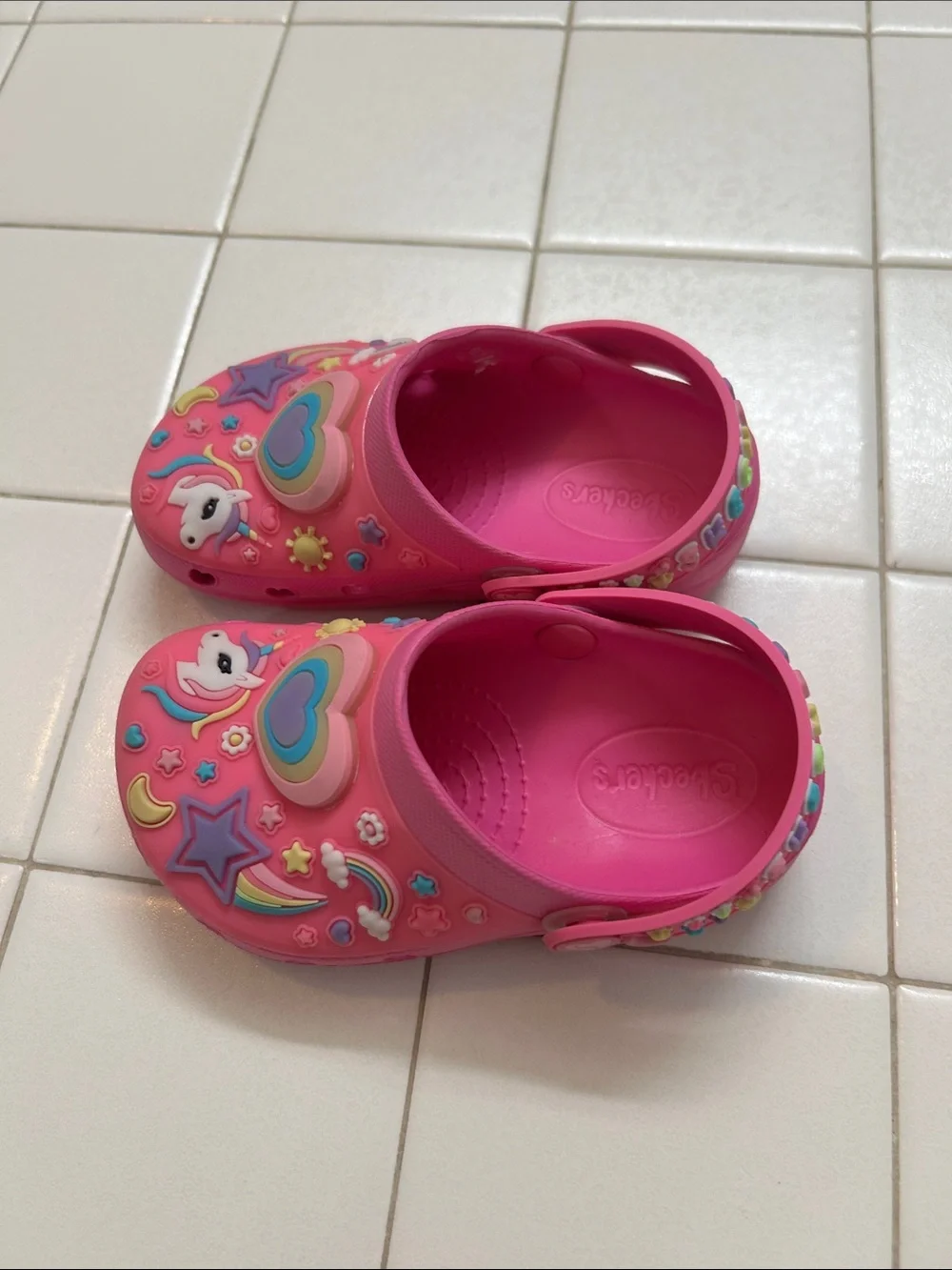 Skechers Bright Pink Kids Unicorn Clog Sandals with Rainbow Hearts - light up